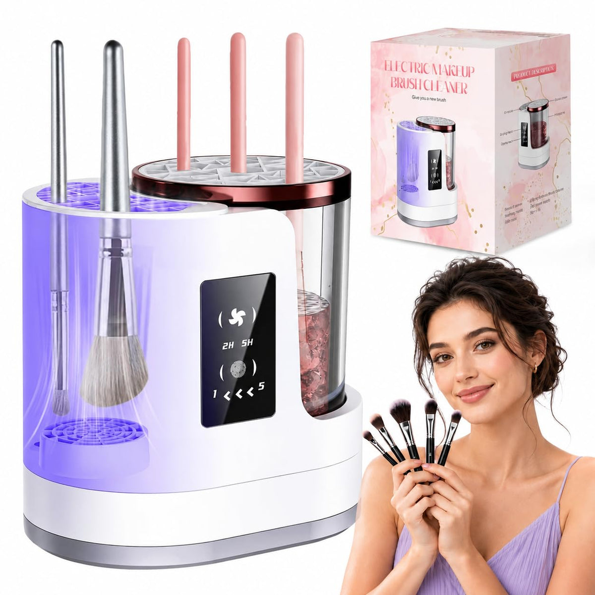 Electric Makeup Brush Cleaner With Sonic Wash & Dry