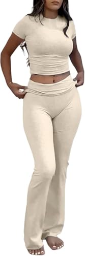 Beige Color Women’s Crop Top And Flare Pants Two-Piece Lounge Set