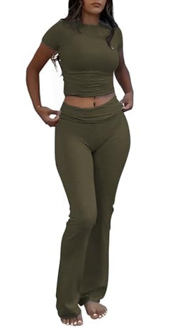 Mocha Color Women’s Crop Top And Flare Pants Two-Piece Lounge Set