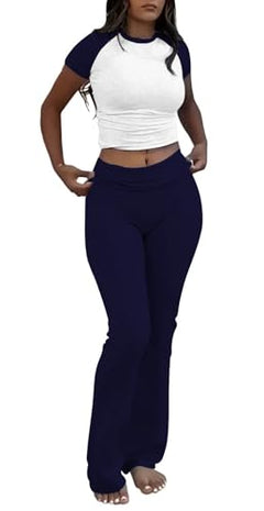 Whi+navy Blue Color Women’s Crop Top And Flare Pants Two-Piece Lounge Set