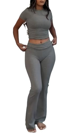 Dark Grey Color Women’s Crop Top And Flare Pants Two-Piece Lounge Set