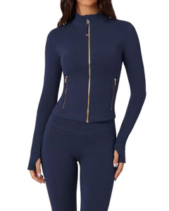 Navy Blue Color Women’s 2 Piece Workout Set – Zip Jacket & High Waist Leggings