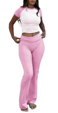Whi+pink Color Women’s Crop Top And Flare Pants Two-Piece Lounge Set