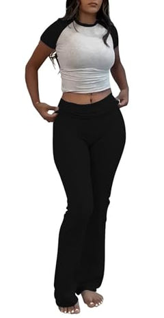 Gry+black Color Women’s Crop Top And Flare Pants Two-Piece Lounge Set