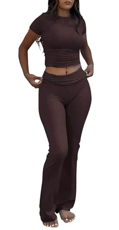 Coffee Color Women’s Crop Top And Flare Pants Two-Piece Lounge Set
