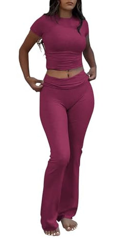 Angola Red Color Women’s Crop Top And Flare Pants Two-Piece Lounge Set
