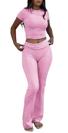 Pink Color Women’s Crop Top And Flare Pants Two-Piece Lounge Set