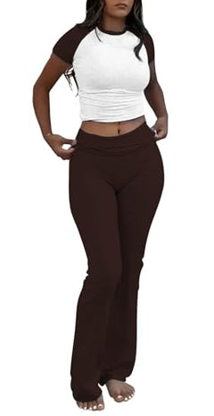 Whi+coffee Color Women’s Crop Top And Flare Pants Two-Piece Lounge Set