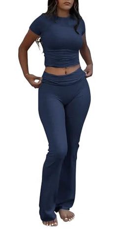 Navy Blue Color Women’s Crop Top And Flare Pants Two-Piece Lounge Set