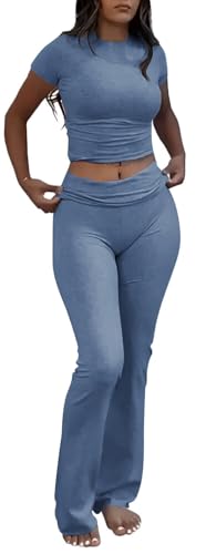 Haze Blue Color Women’s Crop Top And Flare Pants Two-Piece Lounge Set