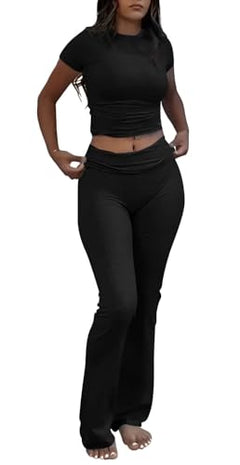 Black Color Women’s Crop Top And Flare Pants Two-Piece Lounge Set