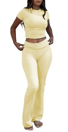 Light Yellow Color Women’s Crop Top And Flare Pants Two-Piece Lounge Set