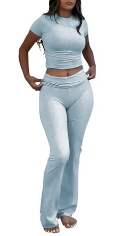 Light Blue Color Women’s Crop Top And Flare Pants Two-Piece Lounge Set