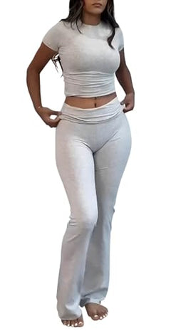 Heather Grey Color Women’s Crop Top And Flare Pants Two-Piece Lounge Set
